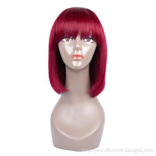 Brazilian human Hair 1b 99j  Ombre Burgundy Red Wine Human Hair Straight Short Bob Wigs with Neat Bangs